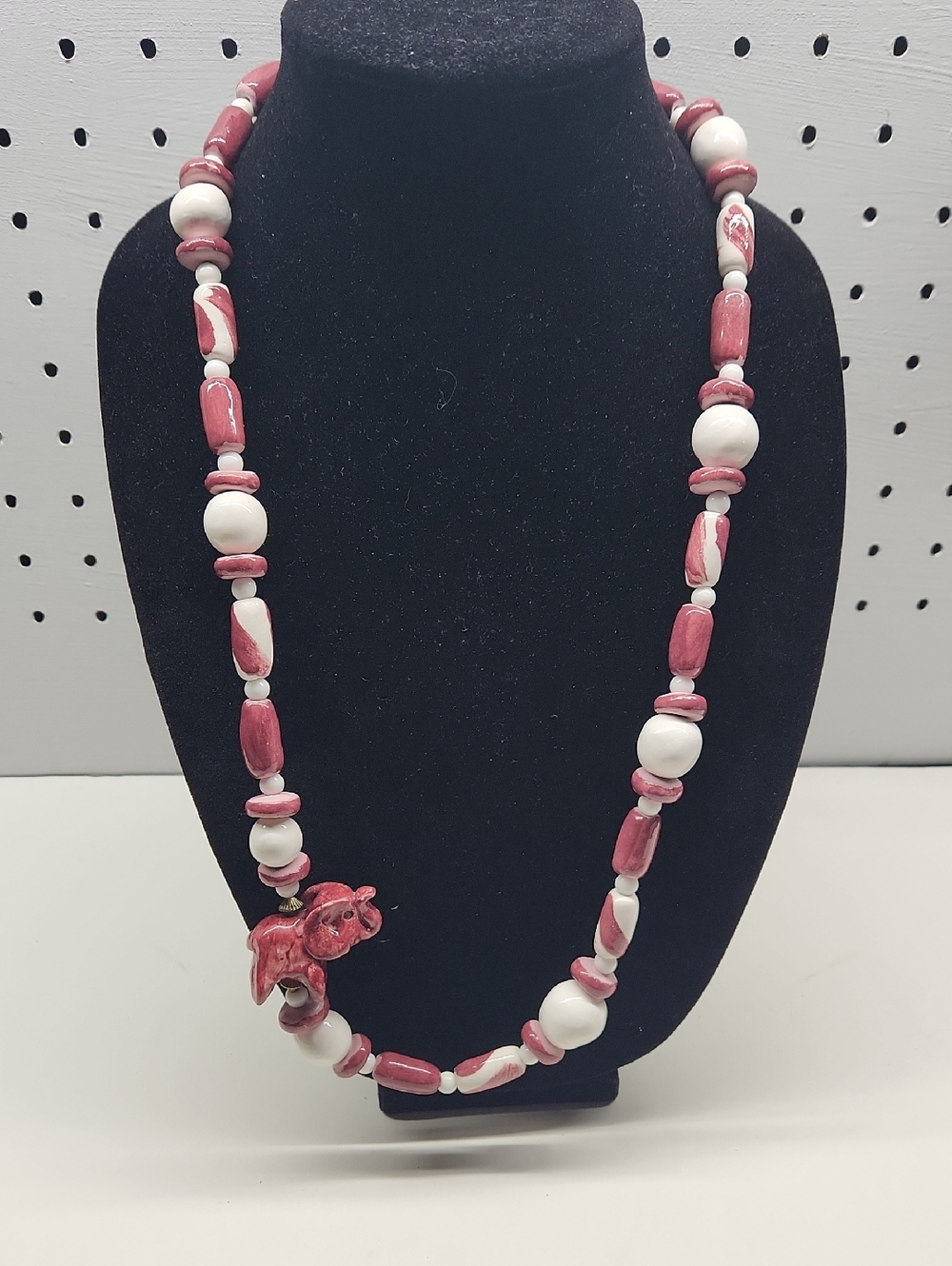Vintage Pink and White Beaded Necklace with carved elephant accent